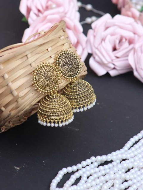 

Vembley Antique Gold-Plated Dome Shaped Jhumkas Earrings