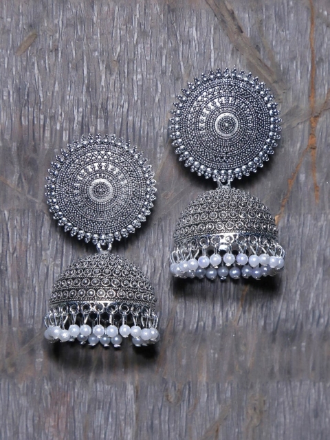 

Vembley Silver-Toned Pearls Drop Dome Shape Jhumkas