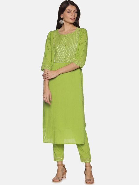 

PNEHA Women Green Yoke Design Gotta Patti Pure Cotton Kurta with Trousers