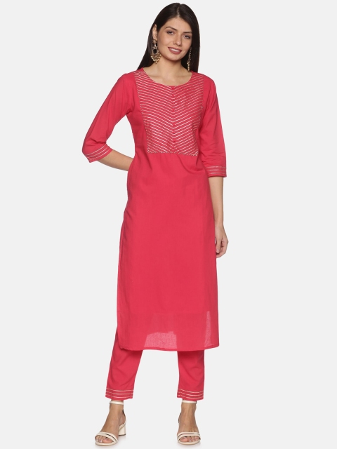 

PNEHA Women Pink Yoke Design Gotta Patti Pure Cotton Kurta with Trousers