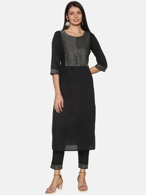 

PNEHA Women Black & Gold-Toned Yoke Design Gotta Patti Pure Cotton Kurta with Trousers