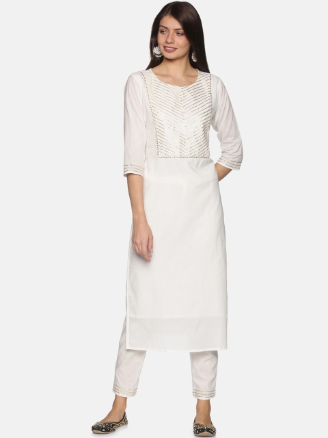 

PNEHA Women White Yoke Design Gotta Patti Pure Cotton Kurta with Trousers