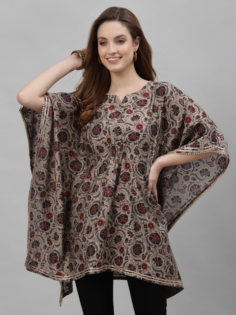 

TANKHI Women Beige & Maroon Floral Printed Flared Sleeves Kaftan Kurta