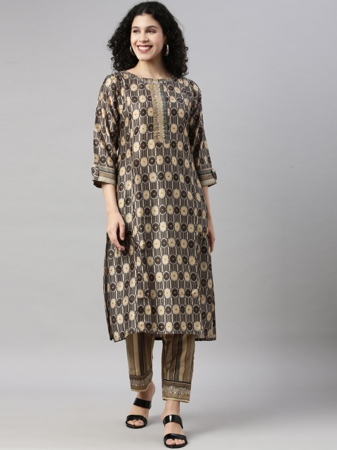 

GOLDSTROMS Women Brown Ethnic Motifs Printed Sequinned Kurta with Trousers