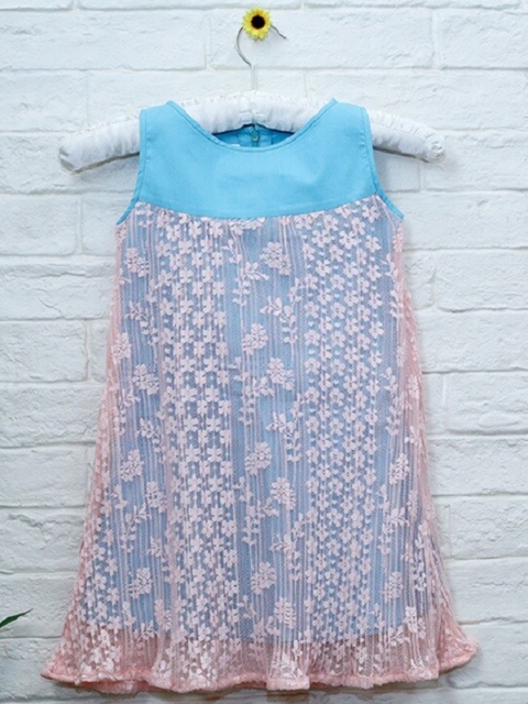 

Mish Organic Blue & Peach-Coloured Floral Cotton Lace A-Line Dress