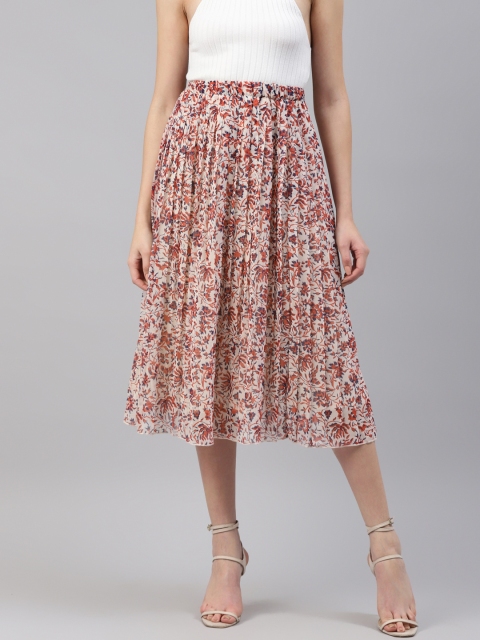 

I AM FOR YOU Women Beige & Orange Floral Print Pleated A-Line Midi Skirt