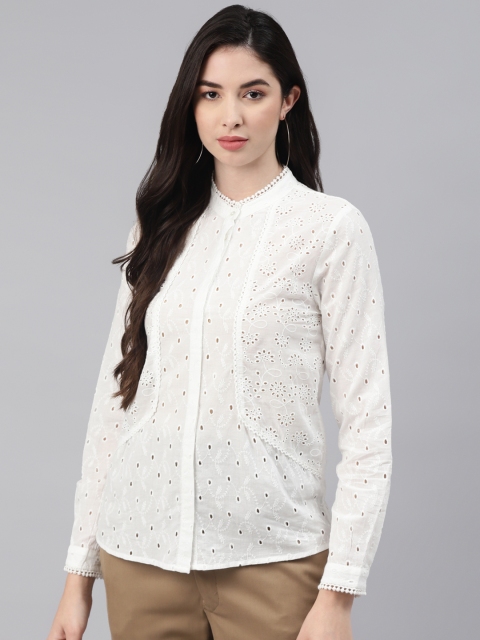 

I AM FOR YOU Women White Solid Pure Cotton Schiffli Semi Sheer Casual Shirt