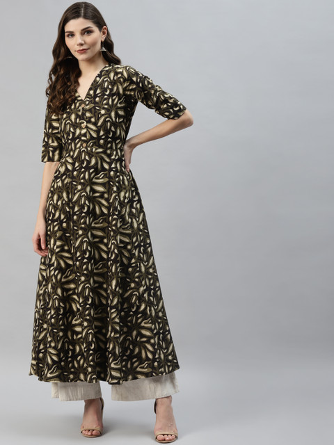 

Aasiya Women Black & Olive Green Printed Anarkali Kurta