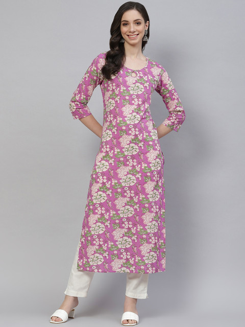 

mokshi Women Purple & White Floral Print Keyhole Neck Regular Sleeves Pure Cotton Kurta