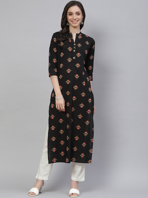 

mokshi Women Black & Red Floral Printed Cotton Straight Kurta