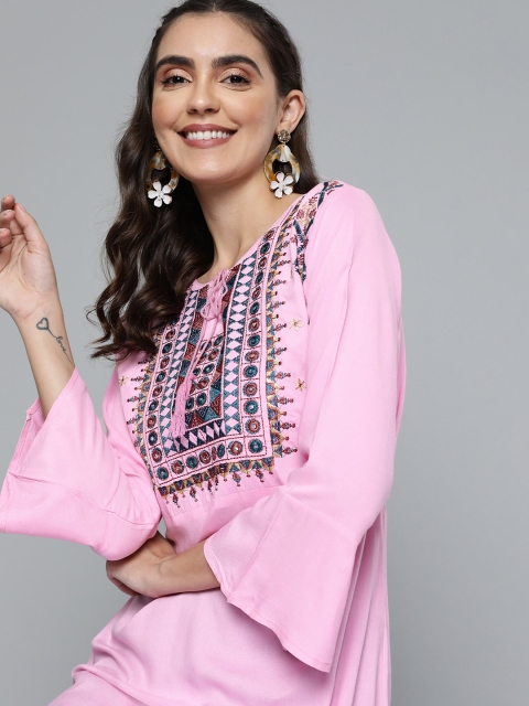 

HERE&NOW Women Pink Embroidered Bell Sleeves Mirror Work Kurta