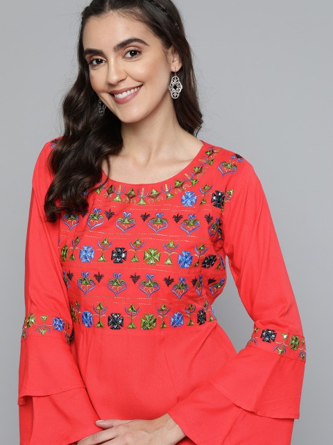 

HERE&NOW Women Red Embroidered Bell Sleeves Mirror Work Kurta