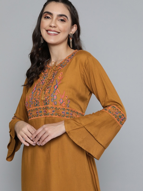 

HERE&NOW Women Mustard Brown Floral Embroidered Bell Sleeves Mirror Work Kurta