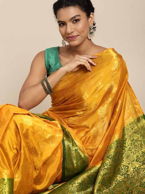 

MIMOSA Women Mustard Yellow & Green Ethnic Motifs Saree