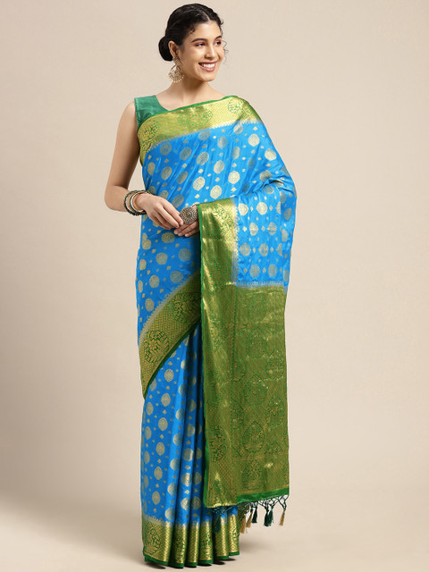 

MIMOSA Women Blue & Green Floral Mysore Silk Poly Crepe Saree
