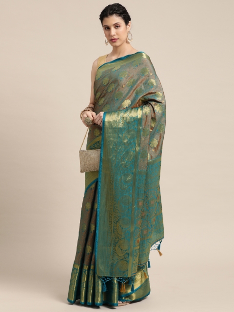 

MIMOSA Turquoise Blue & Gold-Toned Floral Woven Design Zari Art Silk Kanjeevaram Saree