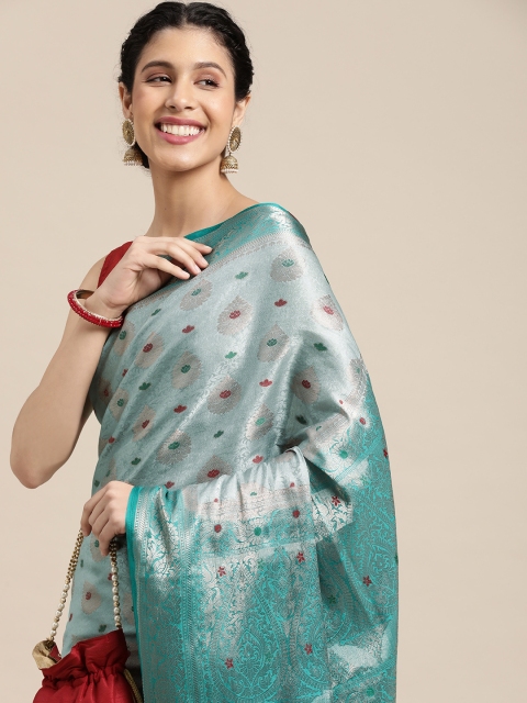 

MIMOSA Grey & Blue Ethnic Motifs Zari Art Silk Kanjeevaram Saree