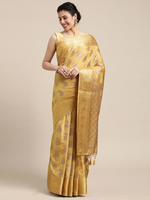 

MIMOSA Beige & Golden Ethnic Motifs Zari Art Silk Kanjeevaram Saree