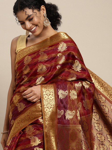 

MIMOSA Red & Golden Ethnic Motifs Zari Art Silk Kanjeevaram Saree