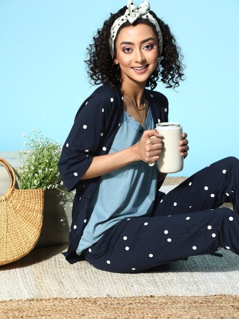 

Kanvin Deep Navy Blue Polka-Dotted Printed Night Suit
