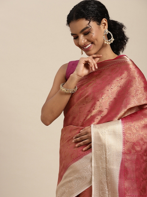 

MIMOSA Pink & Golden Ethnic Motifs Zari Art Silk Kanjeevaram Saree