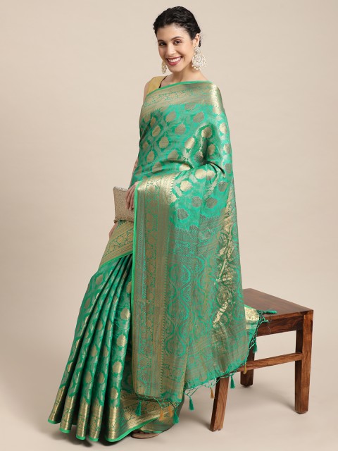 

MIMOSA Turquoise Blue & Gold-Toned Ethnic Motifs Zari Art Silk Kanjeevaram Saree