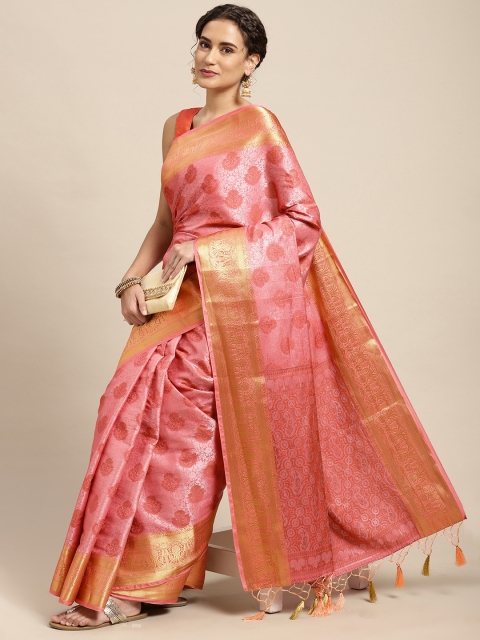 

MIMOSA Pink & Gold-Toned Floral Woven Design Zari Art Silk Kanjeevaram Saree