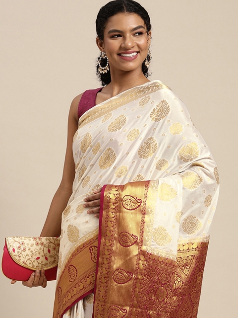 

MIMOSA White & Red Ethnic Motifs Zari Mysore Silk Saree