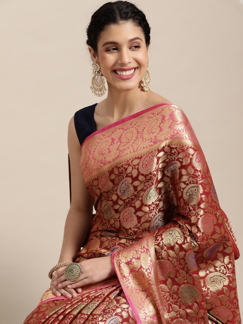 

MIMOSA Maroon & Golden Ethnic Motifs Zari Art Silk Kanjeevaram Saree