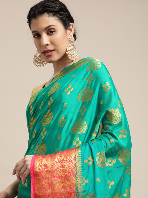 

MIMOSA Teal Green & Golden Ethnic Motifs Zari Mysore Silk Saree