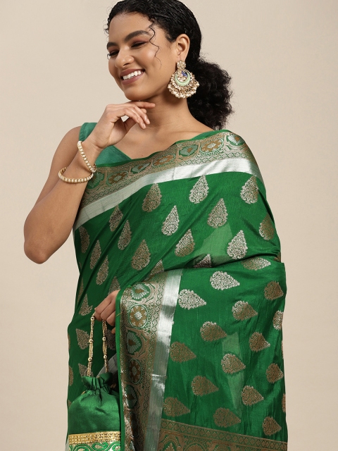 

MIMOSA Green & Silver Ethnic Motifs Zari Art Silk Kanjeevaram Saree