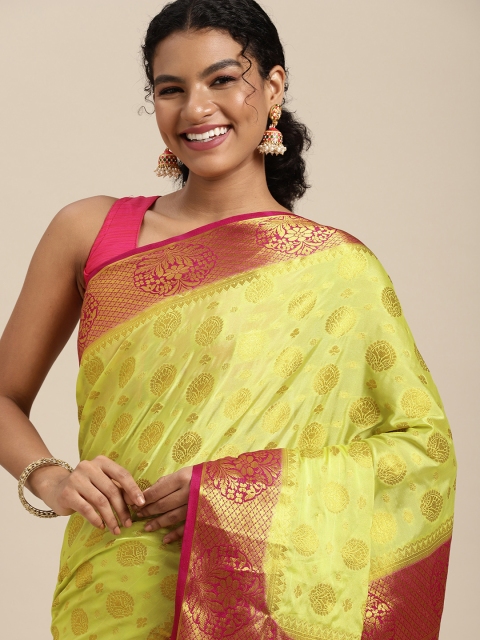 

MIMOSA Lime Green Floral Zari Mysore Silk Saree
