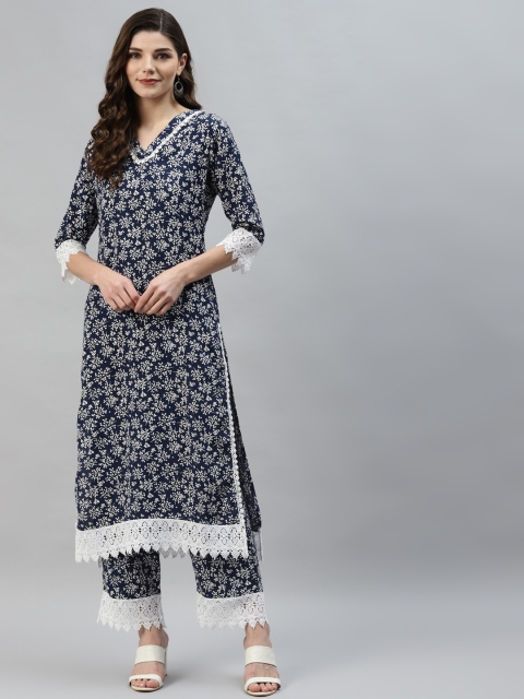 

Aasiya Women Navy Blue Floral Printed Kurta with Palazzos