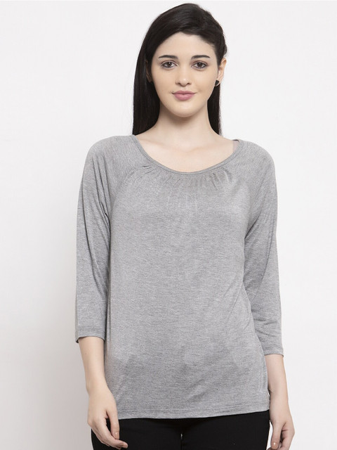 

UnaOne Women Grey Solid Pure Cotton Raw Edge Long Line T-shirt