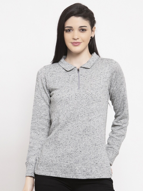 

UnaOne Women Grey Self Design Fleece Sweatshirt