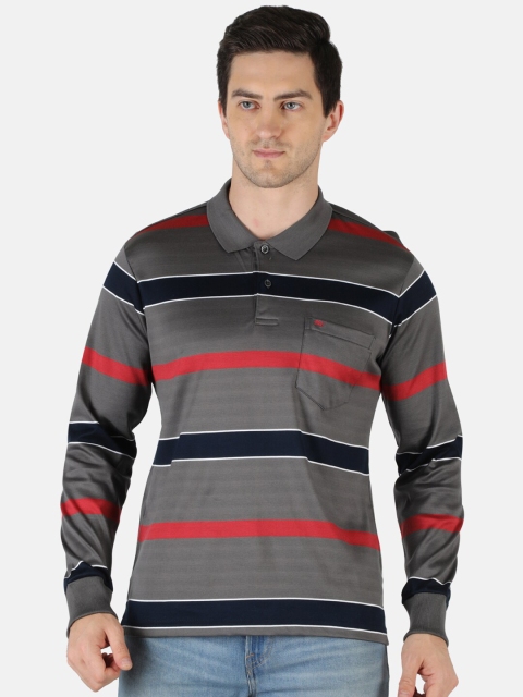 

Monte Carlo Men Grey & Black Striped Polo Collar Pockets T-shirt