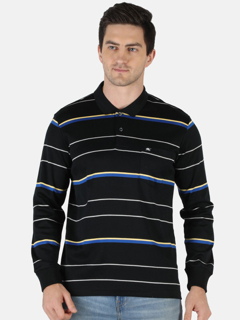

Monte Carlo Men Black & Blue Striped Polo Collar Pockets T-shirt