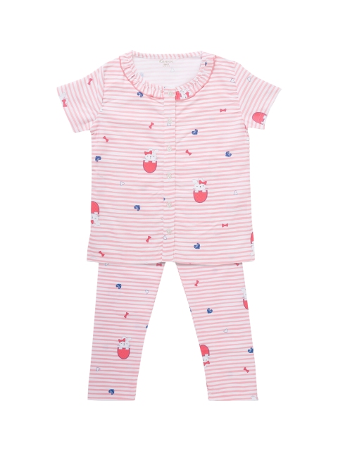 

Kanvin Girls Pink & Blue Cartoon Characters Printed Striped Night Suit