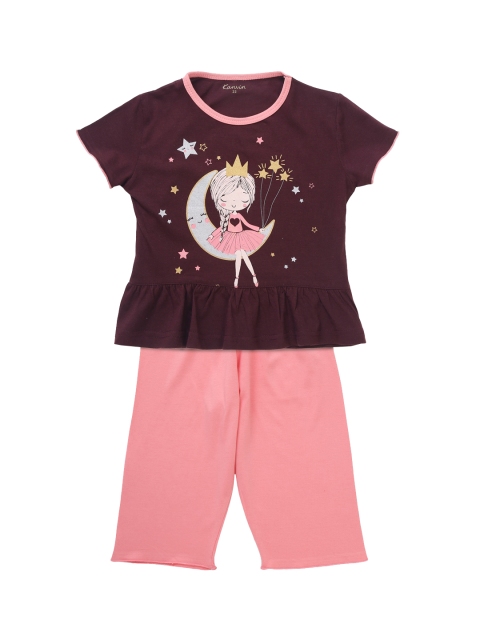 

Kanvin Girls Brown & Pink Printed Night suit