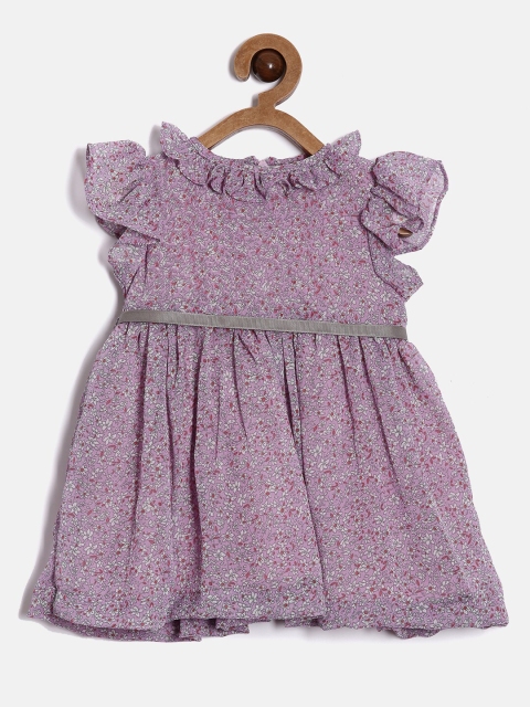 

Aomi Purple Floral Printed Georgette Fit & Flared Dress With Ruffle Details