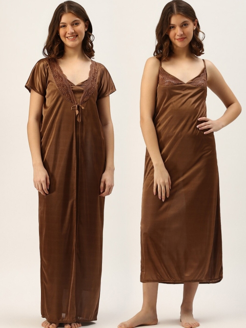 

TRUNDZ Brown Maxi Solid Set of 2 Maxi Nightdress
