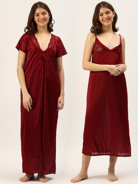 

TRUNDZ Maroon Solid Lace Maxi Nightdress With Robe