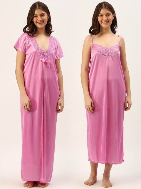 

TRUNDZ Pink Solid Lace Maxi Nightdress With Robe