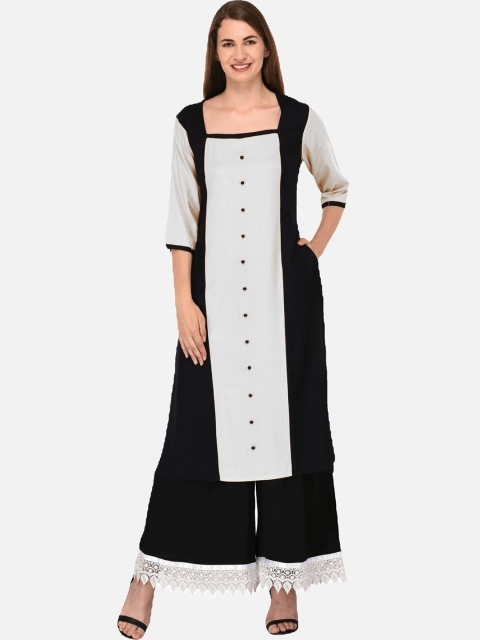 

KALINI Women White & Black Colourblocked Panelled Cotton Kurta