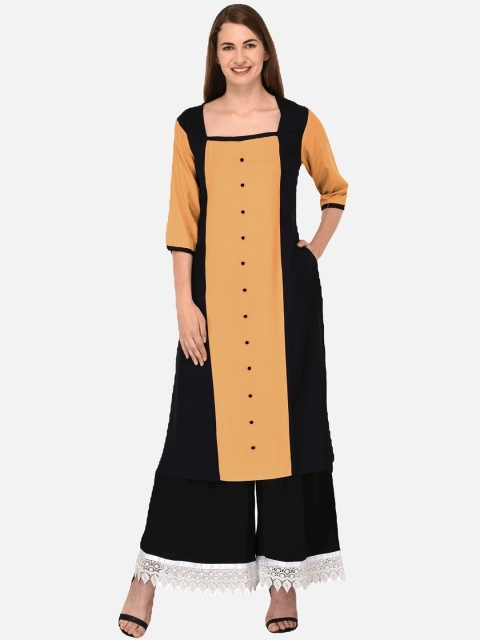 

KALINI Women Peach-Coloured Colourblocked Thread Work Tiering Kurta
