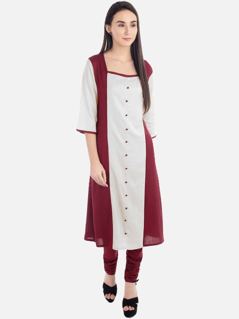 

KALINI Women White & Maroon Colourblocked Kurta