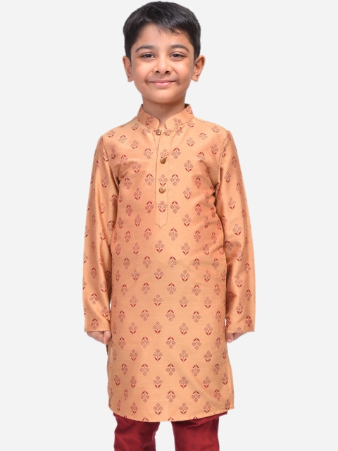 

NAMASKAR Boys Brown Cotton Silk Floral Printed Kurta