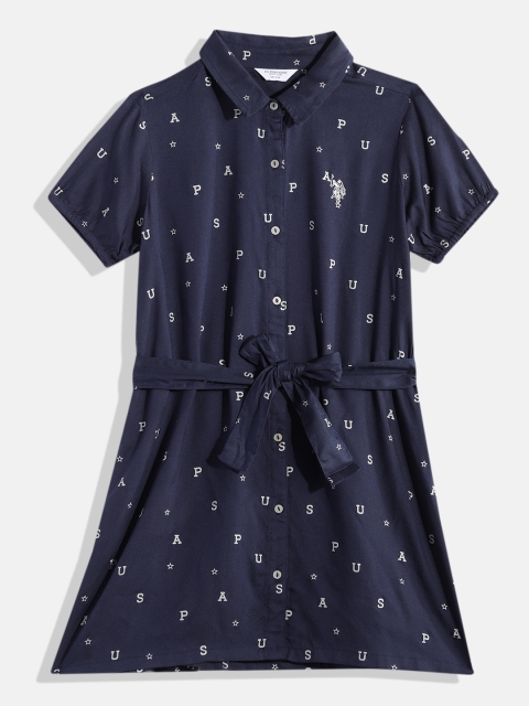 

U.S.Polo Assn. Kids Girls Navy Blue Printed Shirt Style Dress