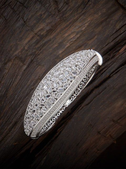 

Kushal's Fashion Jewellery Rhodium-Plated & White Stones-Studded & Beaded Pear-Cut Embellishments & Elegant Contemporary Design Kada Bangle