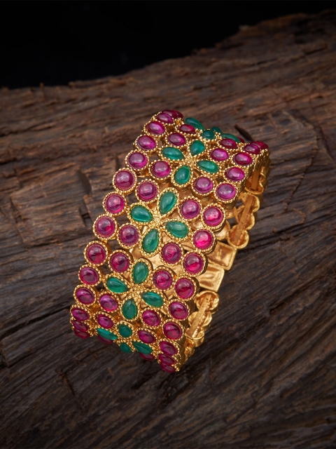

Kushal's Fashion Jewellery Gold-Plated Pink & Green Stone-Studded Bangle